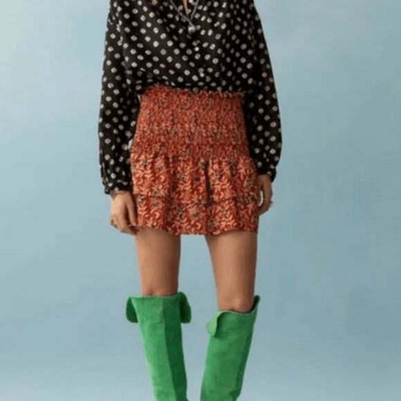 Alix of Bohemia Maria Carnelian Cotton Tiered Floral Smocked Mini Skirt Size M - Picture 2 of 10